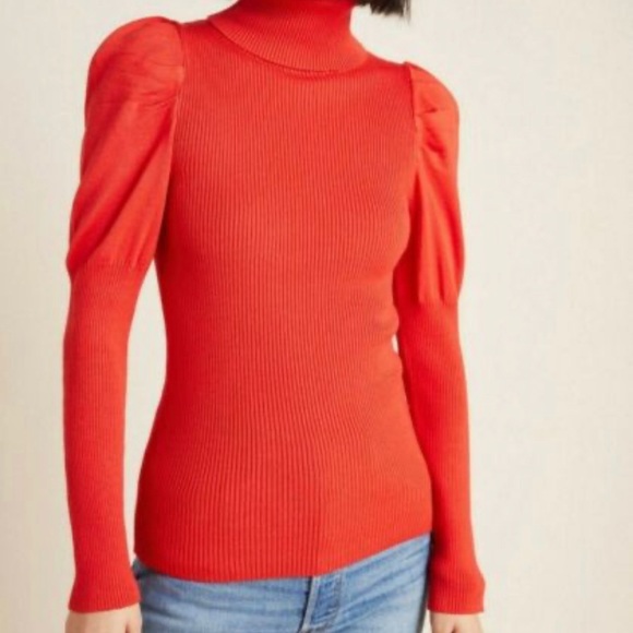 Anthropologie Sweaters - Anthropologie red turtleneck puff sleeves sweater